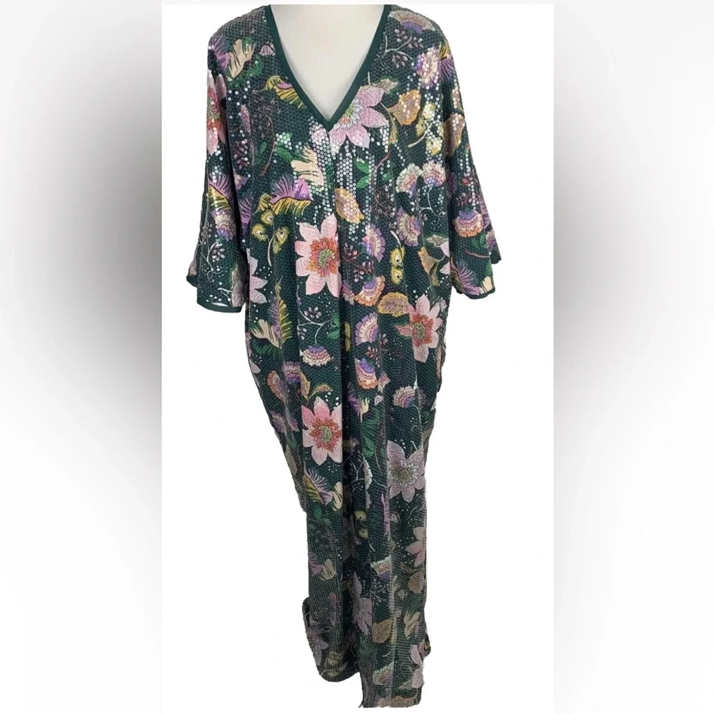 Eloquii green floral Sequin Vneck Kaftan dress Sz 14-16 - Picture 2 of 16